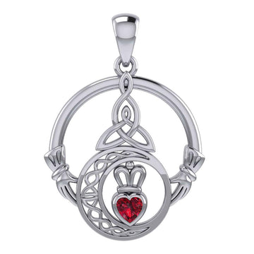 Claddagh and Celtic Crescent Moon with Heart Gemstone Silver Pendant TPD6130 - Jewelry